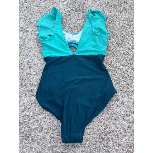 Womens One Piece Swimsuit Tummy Control Cutout High Waisted Ruffled V Neck Teal - Picture 3 of 8